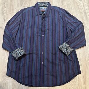 Robert Graham Purple‎ Blue Paisley Flip Cuff Mens Button Front Size XL Stripes